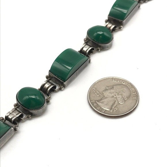 Vintage 925 Sterling Silver Mexico Green Onyx Panel Link Bracelet 7.25" - Picture 5 of 10